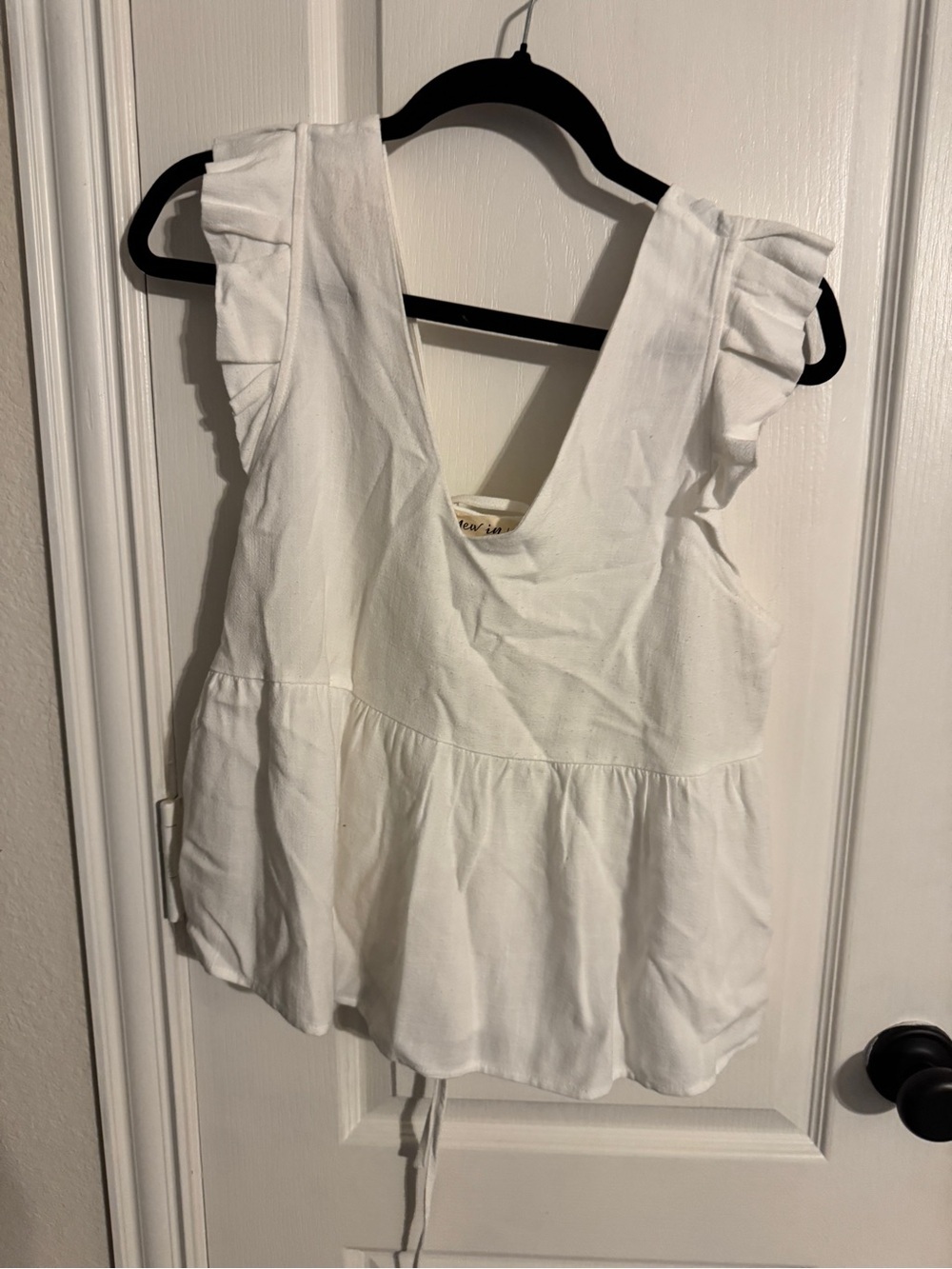 White Ruffled Shoulder V-Neck Peplum Tank Top